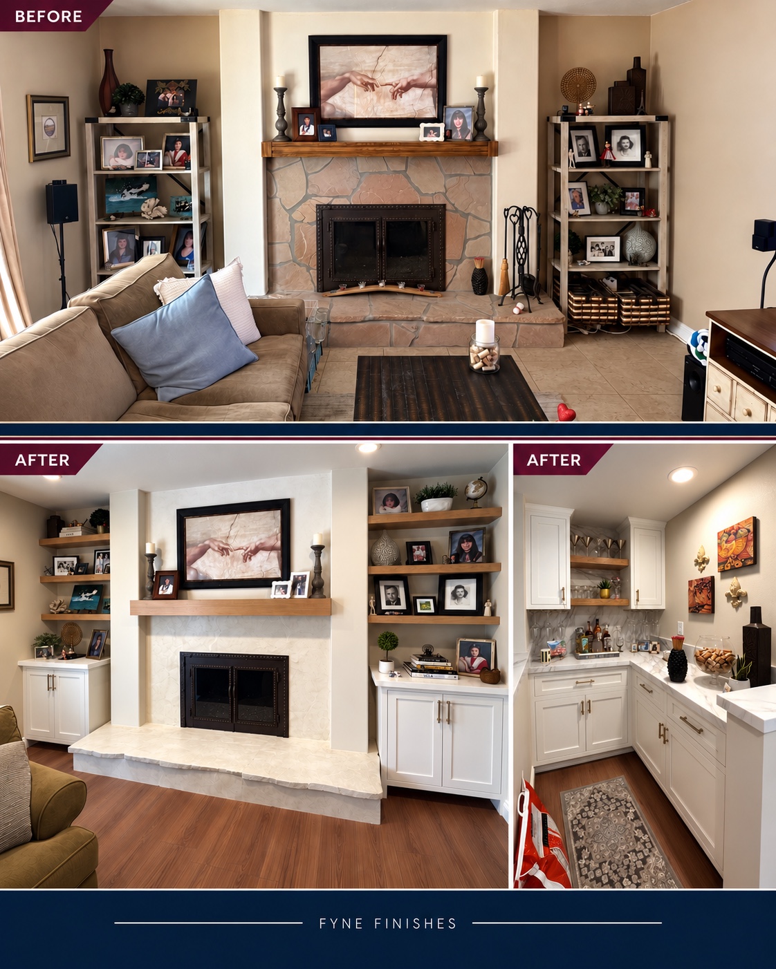 Before and after showing a microcement fireplace and a limewash accent wall, with white cabinetry and wood shelving