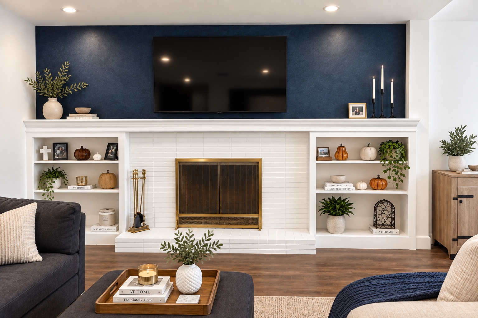 Deep blue Portola Moroccan Clay feature wall above a white fireplace and built-ins